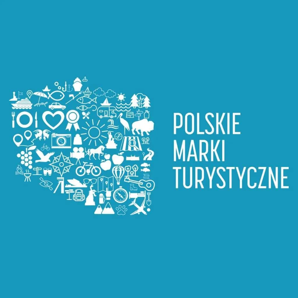 A compilation of white icons forming the outline of Poland, next to white text that reads "POLSKIE MARKI TURYSTYCZNE" on a blue background.